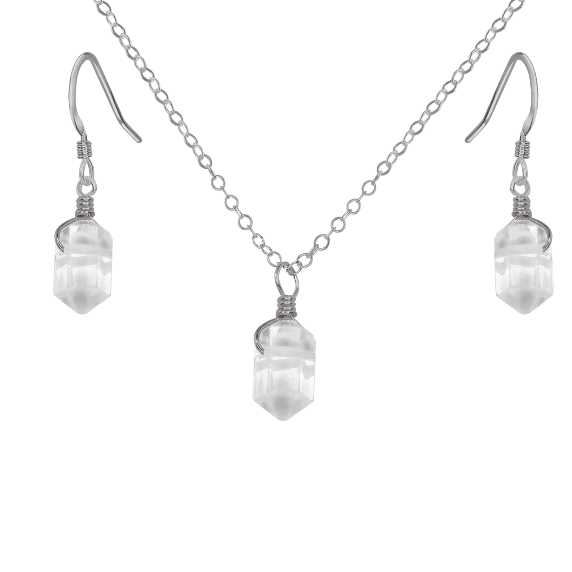 Crystal Quartz Mini Double Terminated Point Earrings & Necklace Set - Crystal Quartz Mini Double Terminated Point Earrings & Necklace Set - Stainless Steel - Luna Tide Handmade Crystal Jewellery