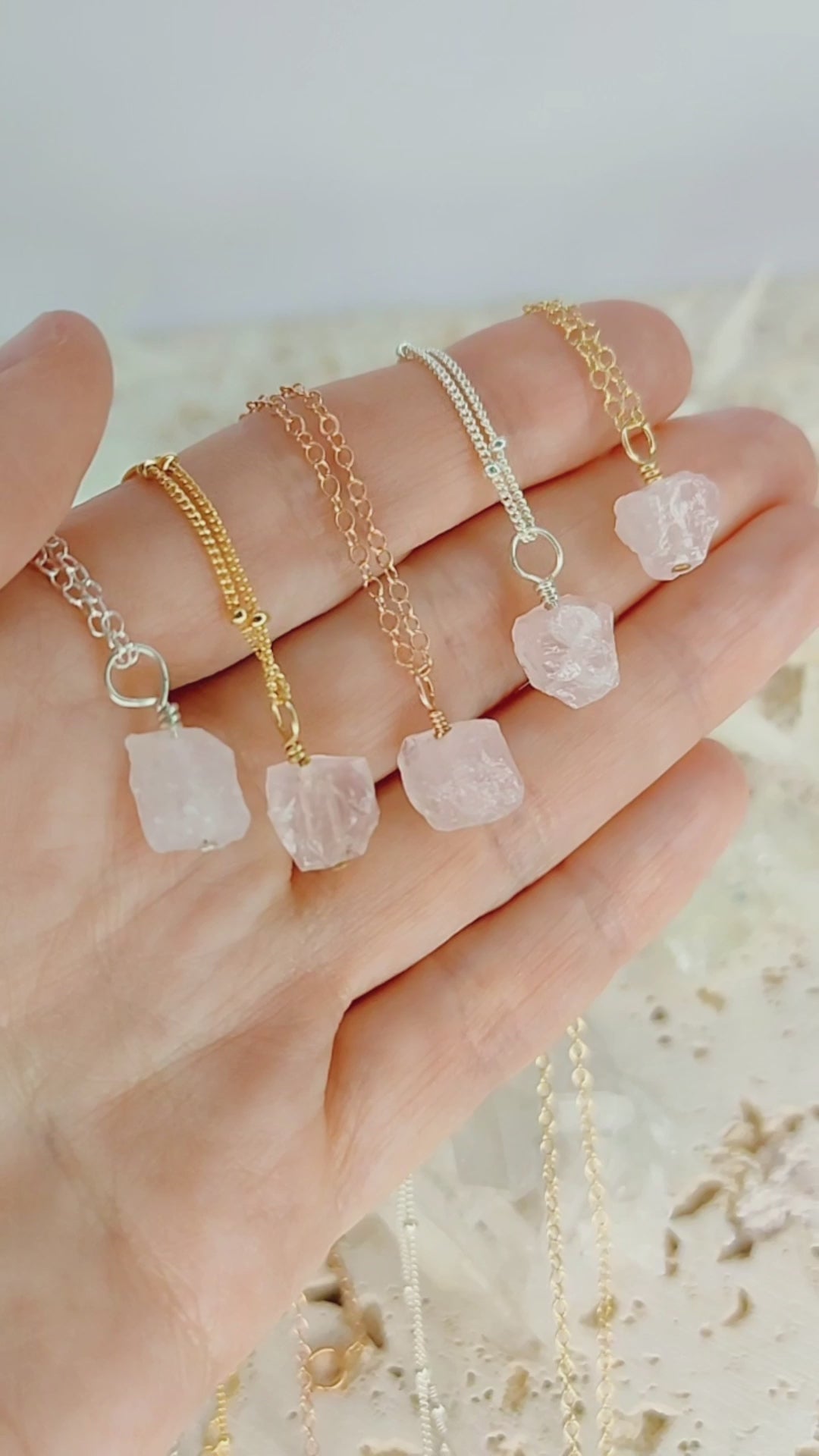 Tiny Raw Rose Quartz Pendant Necklace