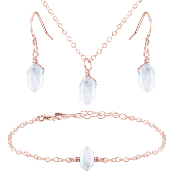 Rainbow Moonstone Double Terminated Crystal Earrings, Necklace & Bracelet Set - Rainbow Moonstone Double Terminated Crystal Earrings, Necklace & Bracelet Set - 14k Rose Gold Fill - Luna Tide Handmade Crystal Jewellery