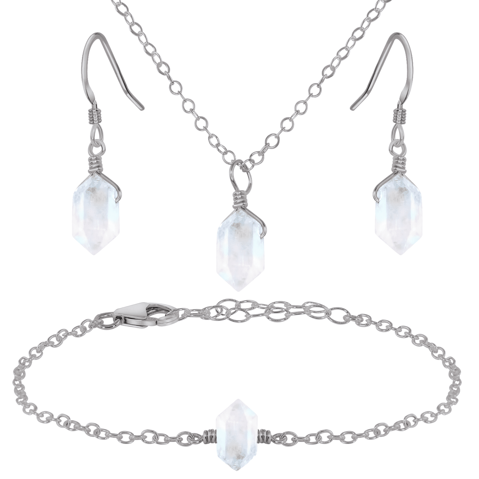Rainbow Moonstone Double Terminated Crystal Earrings, Necklace & Bracelet Set - Rainbow Moonstone Double Terminated Crystal Earrings, Necklace & Bracelet Set - Stainless Steel - Luna Tide Handmade Crystal Jewellery