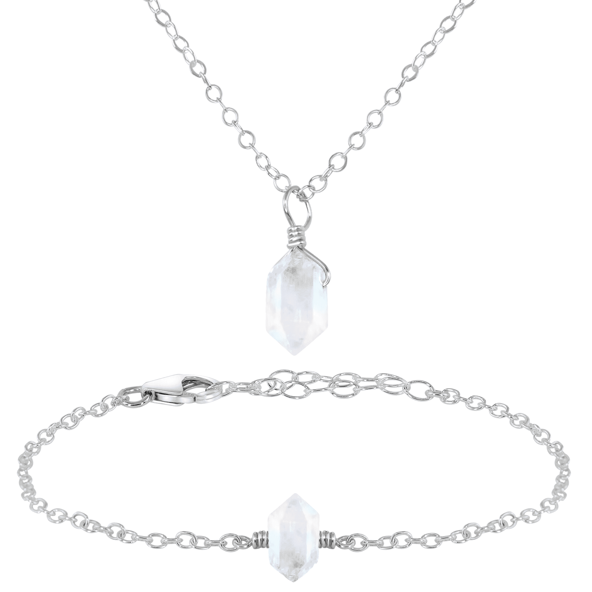 Rainbow Moonstone Double Terminated Crystal Necklace & Bracelet Set - Rainbow Moonstone Double Terminated Crystal Necklace & Bracelet Set - Sterling Silver - Luna Tide Handmade Crystal Jewellery