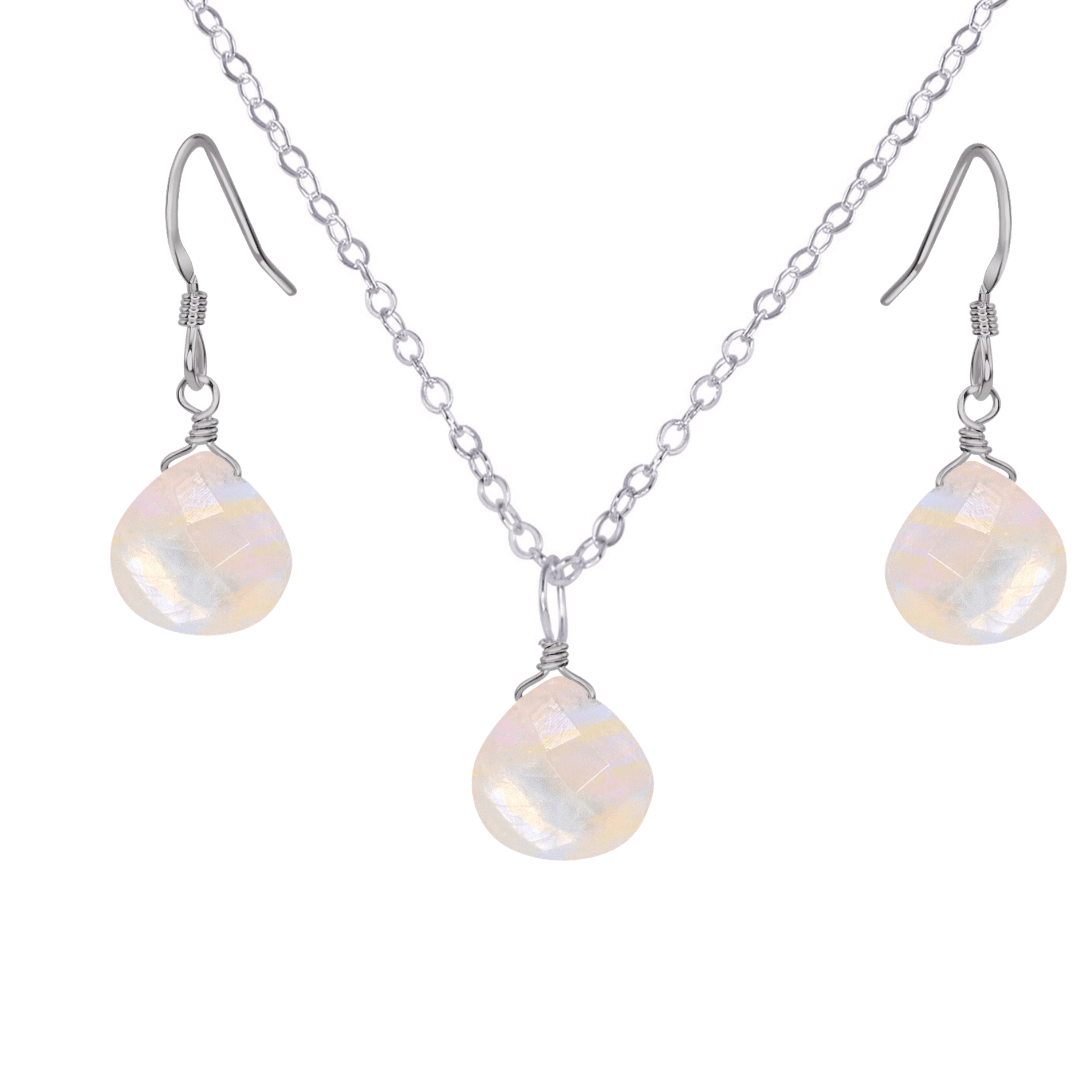 Rainbow Moonstone Tiny Teardrop Earrings & Necklace Set - Rainbow Moonstone Tiny Teardrop Earrings & Necklace Set - Stainless Steel / Cable - Luna Tide Handmade Crystal Jewellery