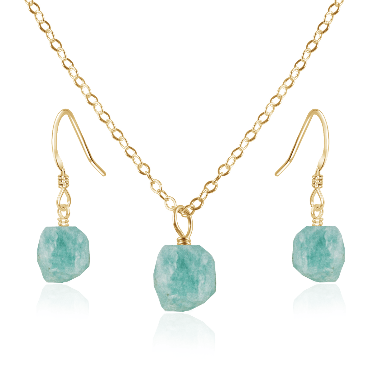 Raw Amazonite Crystal Earrings & Necklace Set - Raw Amazonite Crystal Earrings & Necklace Set - 14k Gold Fill / Cable - Luna Tide Handmade Crystal Jewellery