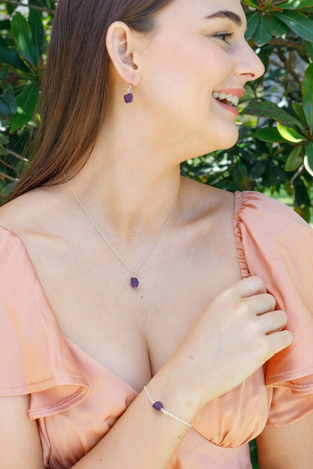 Raw Amethyst Crystal Earrings, Necklace & Bracelet Set - Raw Amethyst Crystal Earrings, Necklace & Bracelet Set - Sterling Silver - Luna Tide Handmade Crystal Jewellery