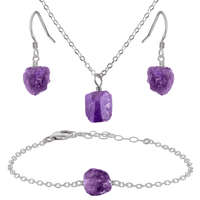 Raw Amethyst Crystal Earrings, Necklace & Bracelet Set - Raw Amethyst Crystal Earrings, Necklace & Bracelet Set - Sterling Silver - Luna Tide Handmade Crystal Jewellery