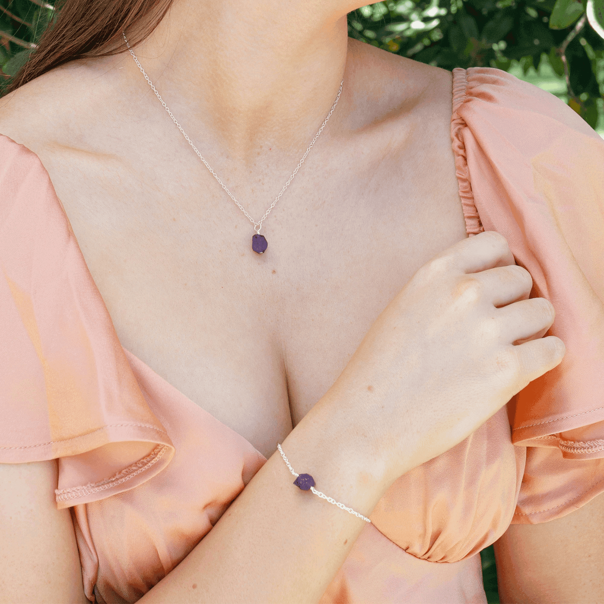 Raw Amethyst Crystal Necklace & Bracelet Set - Raw Amethyst Crystal Necklace & Bracelet Set - Sterling Silver - Luna Tide Handmade Crystal Jewellery