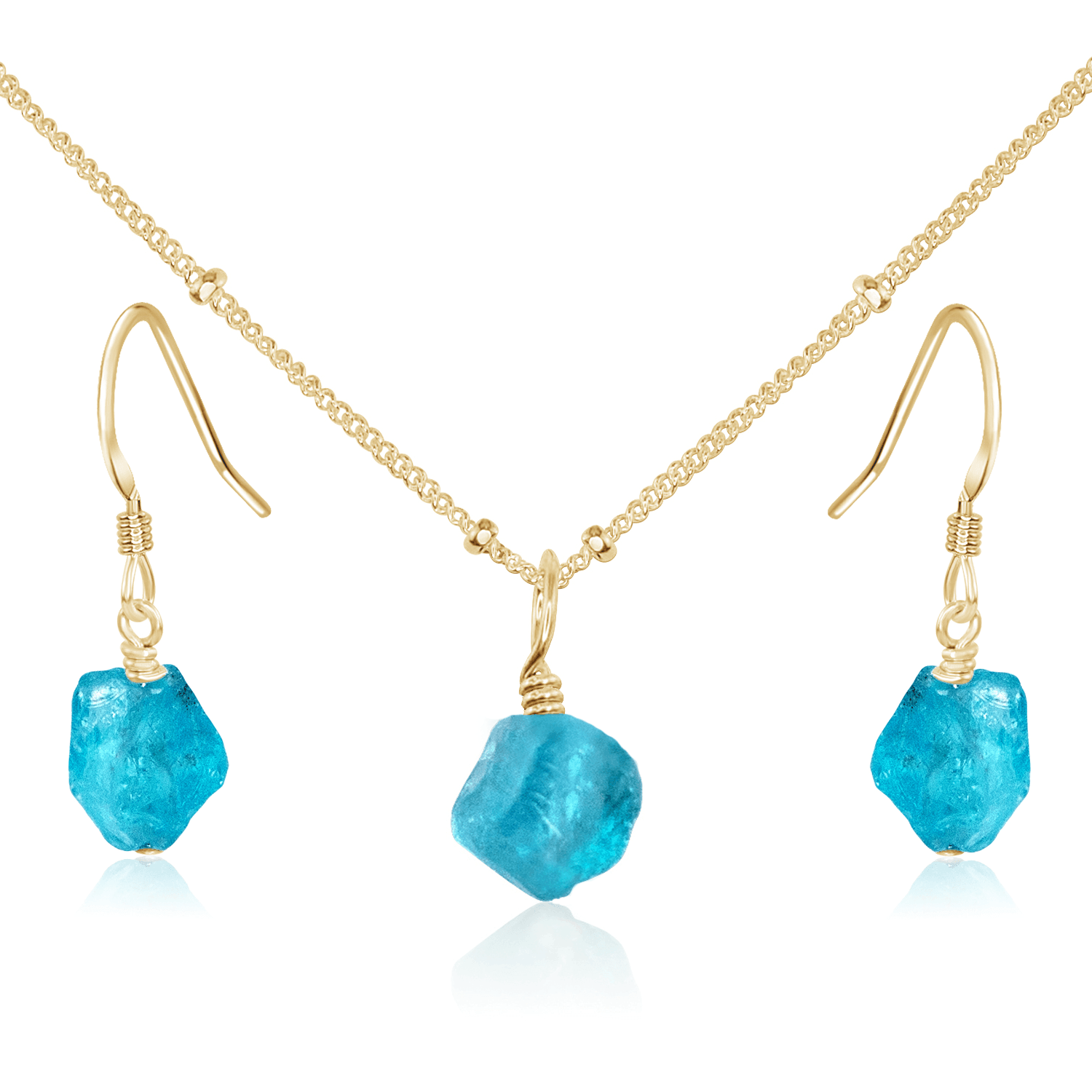 Raw Apatite Crystal Jewellery Set - Raw Apatite Crystal Jewellery Set - 14k Gold Fill / Satellite / Necklace & Earrings - Luna Tide Handmade Crystal Jewellery