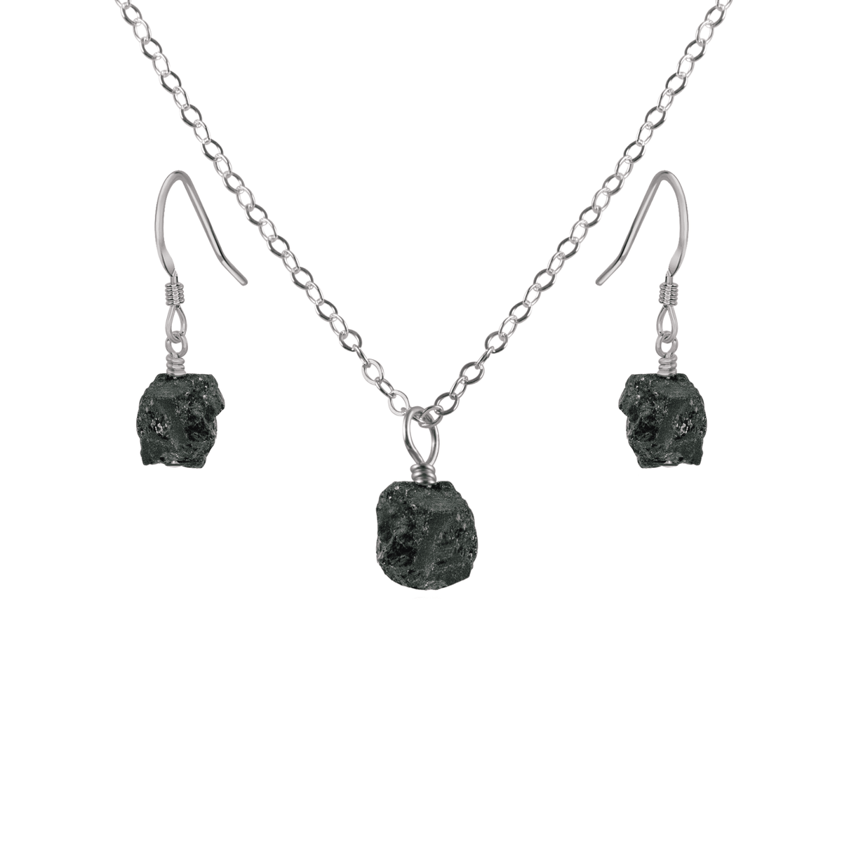 Raw Black Tourmaline Crystal Earrings & Necklace Set - Raw Black Tourmaline Crystal Earrings & Necklace Set - Stainless Steel - Luna Tide Handmade Crystal Jewellery