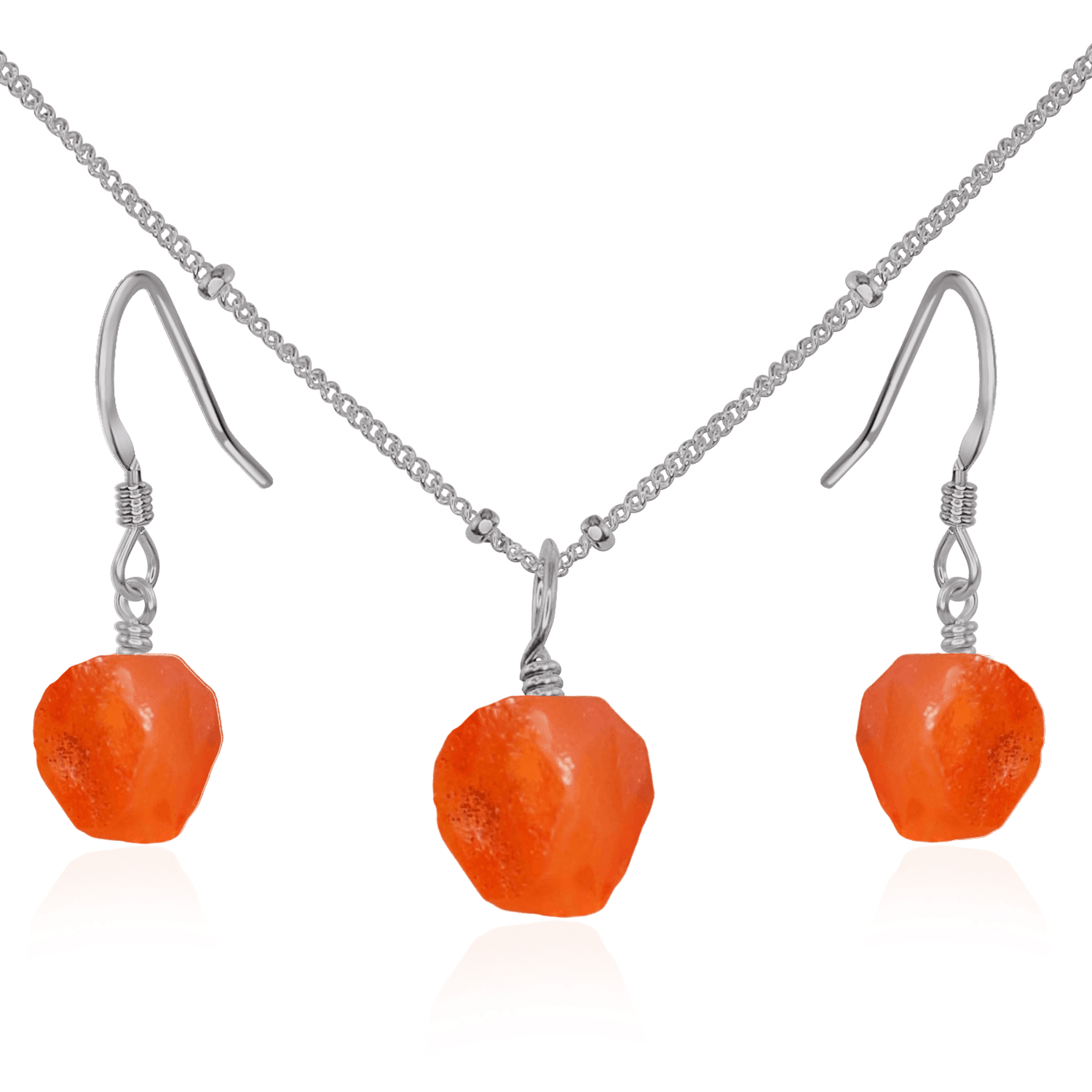 Raw Carnelian Crystal Jewellery Set - Raw Carnelian Crystal Jewellery Set - Stainless Steel / Satellite / Necklace & Earrings - Luna Tide Handmade Crystal Jewellery