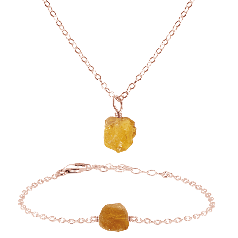 Raw Citrine Crystal Necklace & Bracelet Set - Raw Citrine Crystal Necklace & Bracelet Set - 14k Rose Gold Fill - Luna Tide Handmade Crystal Jewellery