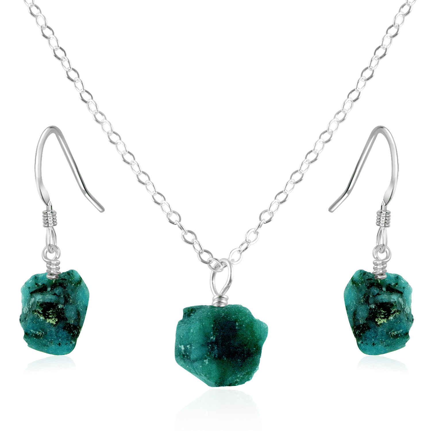 Raw Emerald Crystal Jewellery Set - Raw Emerald Crystal Jewellery Set - Sterling Silver / Cable / Necklace & Earrings - Luna Tide Handmade Crystal Jewellery