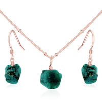 Raw Emerald Crystal Earrings & Necklace Set - Raw Emerald Crystal Earrings & Necklace Set - 14k Rose Gold Fill / Satellite - Luna Tide Handmade Crystal Jewellery
