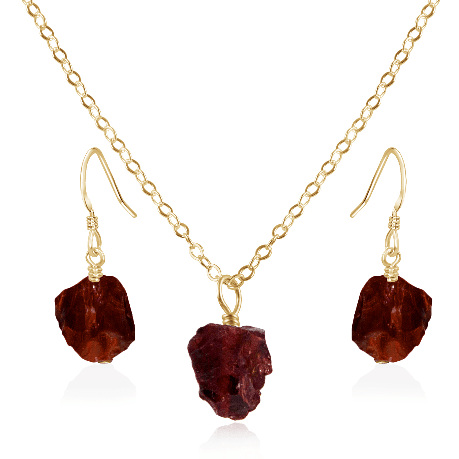 Raw Garnet Crystal Jewellery Set - Raw Garnet Crystal Jewellery Set - 14k Gold Fill / Cable / Necklace & Earrings - Luna Tide Handmade Crystal Jewellery