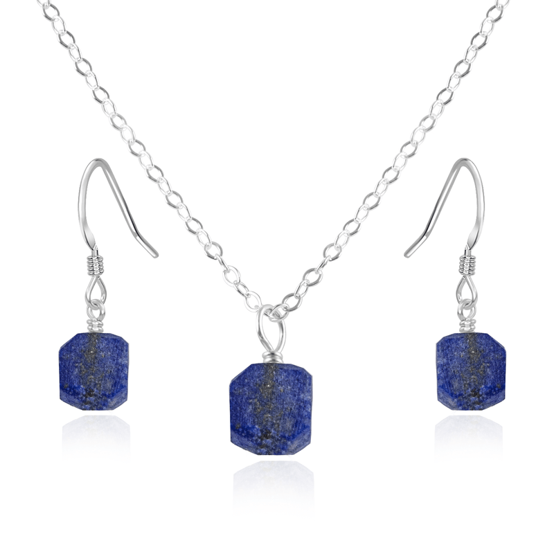 Raw Lapis Lazuli Crystal Earrings & Necklace Set - Raw Lapis Lazuli Crystal Earrings & Necklace Set - Sterling Silver / Cable - Luna Tide Handmade Crystal Jewellery