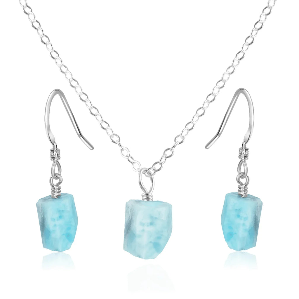 Raw Larimar Crystal Jewellery Set - Raw Larimar Crystal Jewellery Set - Sterling Silver / Cable / Necklace & Earrings - Luna Tide Handmade Crystal Jewellery
