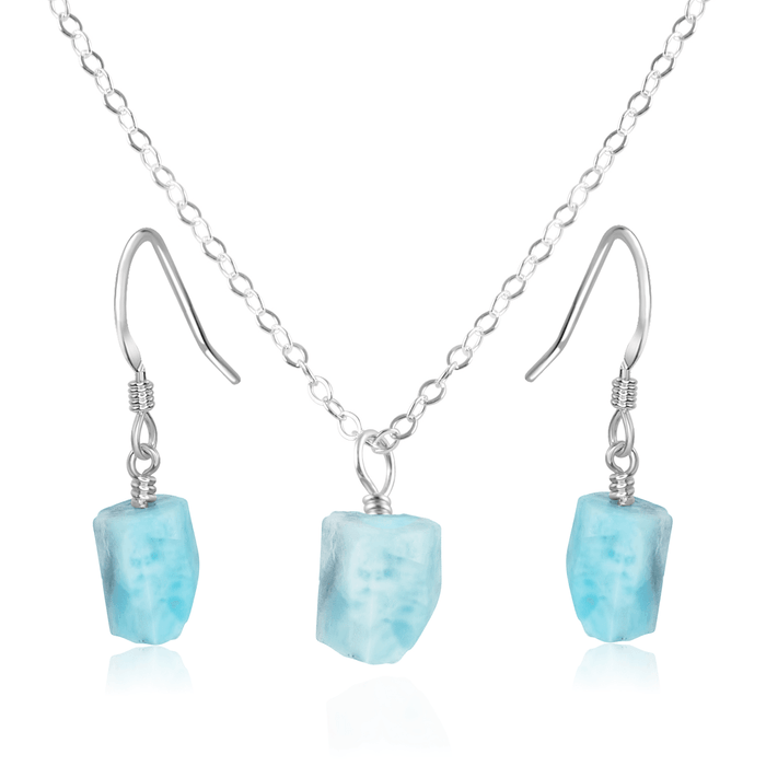 Raw Larimar Crystal Earrings & Necklace Set - Raw Larimar Crystal Earrings & Necklace Set - Sterling Silver / Cable - Luna Tide Handmade Crystal Jewellery