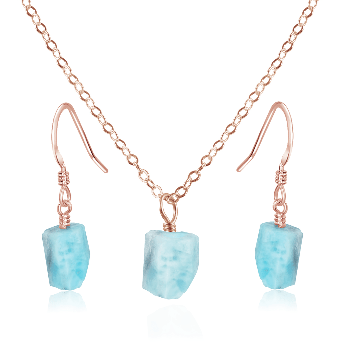 Raw Larimar Crystal Earrings & Necklace Set - Raw Larimar Crystal Earrings & Necklace Set - 14k Rose Gold Fill / Cable - Luna Tide Handmade Crystal Jewellery