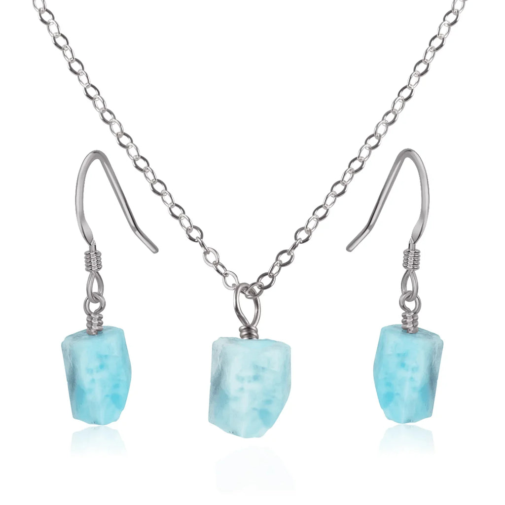 Raw Larimar Crystal Jewellery Set - Raw Larimar Crystal Jewellery Set - Stainless Steel / Cable / Necklace & Earrings - Luna Tide Handmade Crystal Jewellery