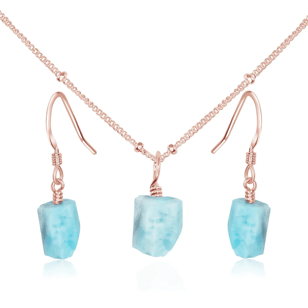 Raw Larimar Crystal Jewellery Set - Raw Larimar Crystal Jewellery Set - 14k Rose Gold Fill / Satellite / Necklace & Earrings - Luna Tide Handmade Crystal Jewellery