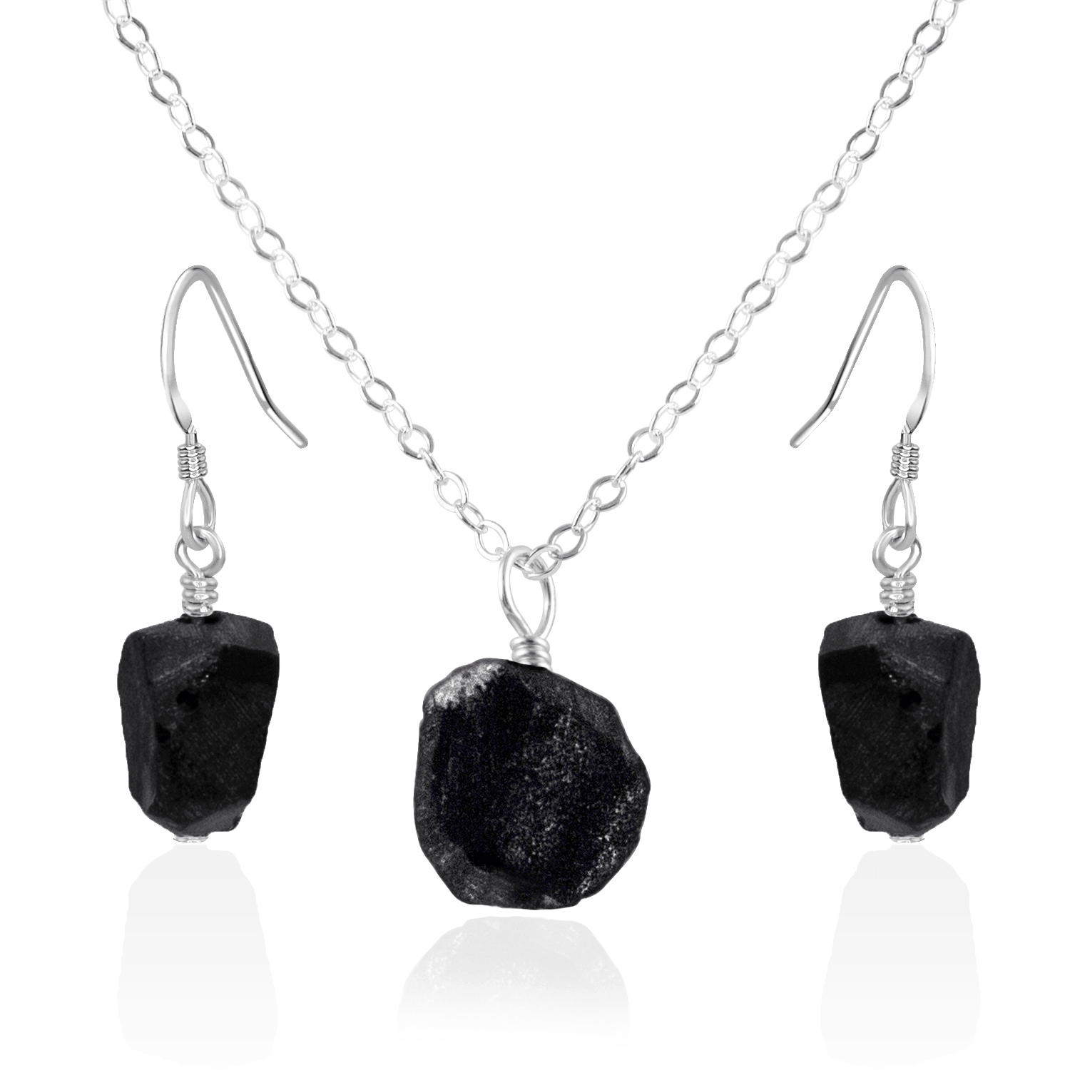 Raw Obsidian Crystal Jewellery Set - Raw Obsidian Crystal Jewellery Set - Sterling Silver / Cable / Necklace & Earrings - Luna Tide Handmade Crystal Jewellery