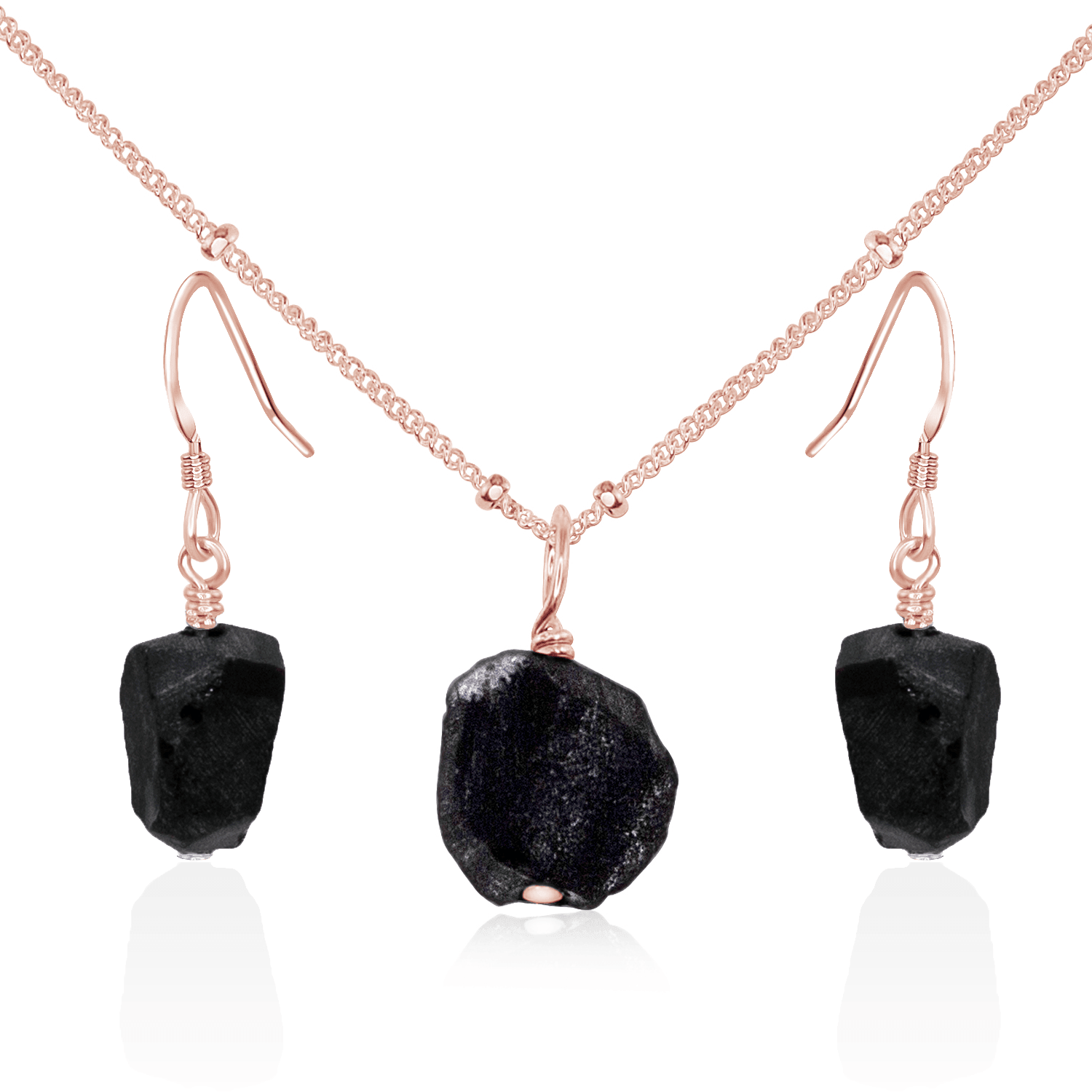 Raw Obsidian Crystal Jewellery Set - Raw Obsidian Crystal Jewellery Set - 14k Rose Gold Fill / Satellite / Necklace & Earrings - Luna Tide Handmade Crystal Jewellery