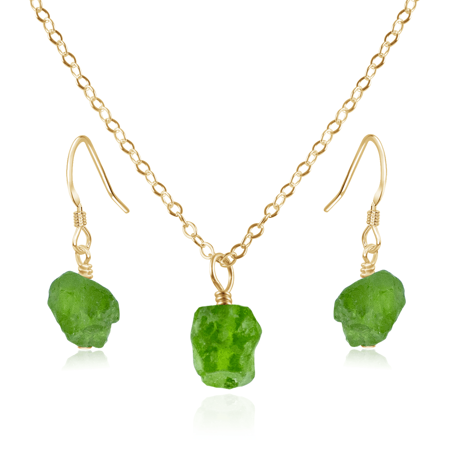 Raw Peridot Crystal Jewellery Set - Raw Peridot Crystal Jewellery Set - 14k Gold Fill / Cable / Necklace & Earrings - Luna Tide Handmade Crystal Jewellery