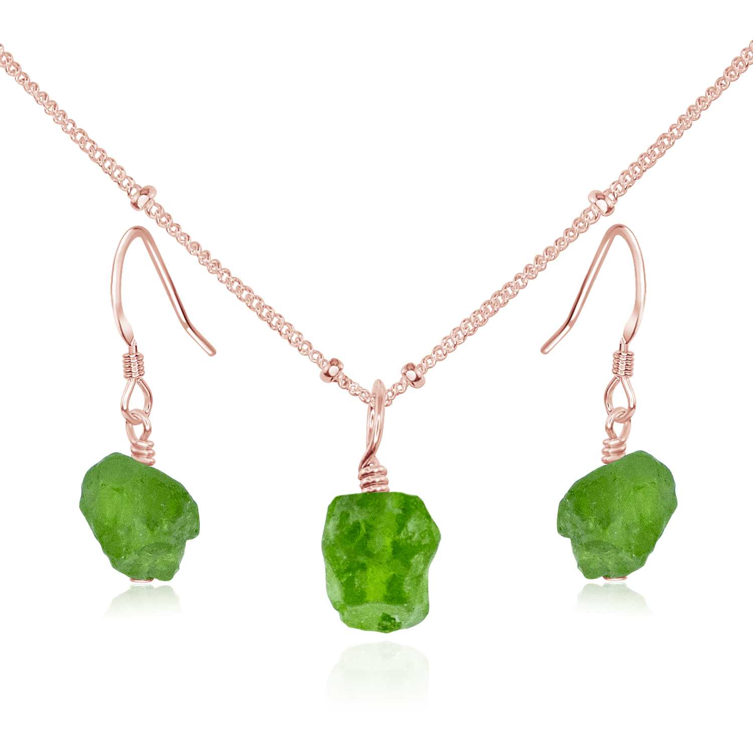 Raw Peridot Crystal Jewellery Set - Raw Peridot Crystal Jewellery Set - 14k Rose Gold Fill / Satellite / Necklace & Earrings - Luna Tide Handmade Crystal Jewellery