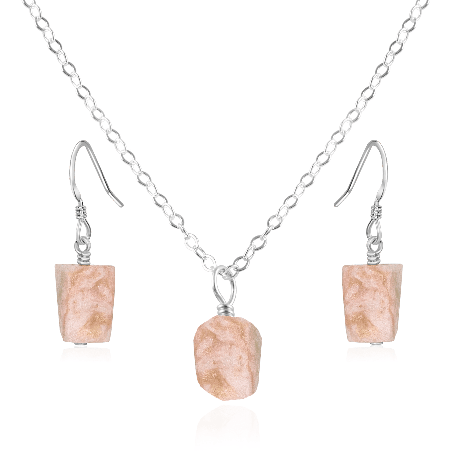 Raw Pink Peruvian Opal Crystal Jewellery Set - Raw Pink Peruvian Opal Crystal Jewellery Set - Sterling Silver / Cable / Necklace & Earrings - Luna Tide Handmade Crystal Jewellery