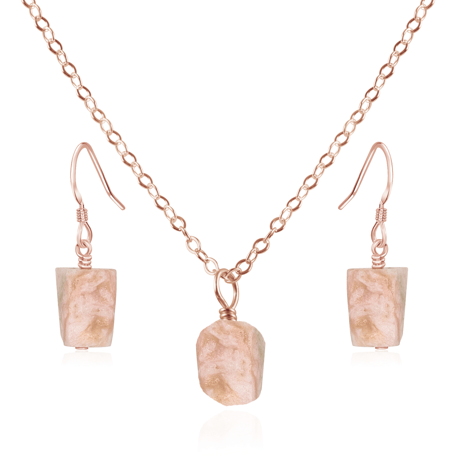 Raw Pink Peruvian Opal Crystal Jewellery Set - Raw Pink Peruvian Opal Crystal Jewellery Set - 14k Rose Gold Fill / Cable / Necklace & Earrings - Luna Tide Handmade Crystal Jewellery