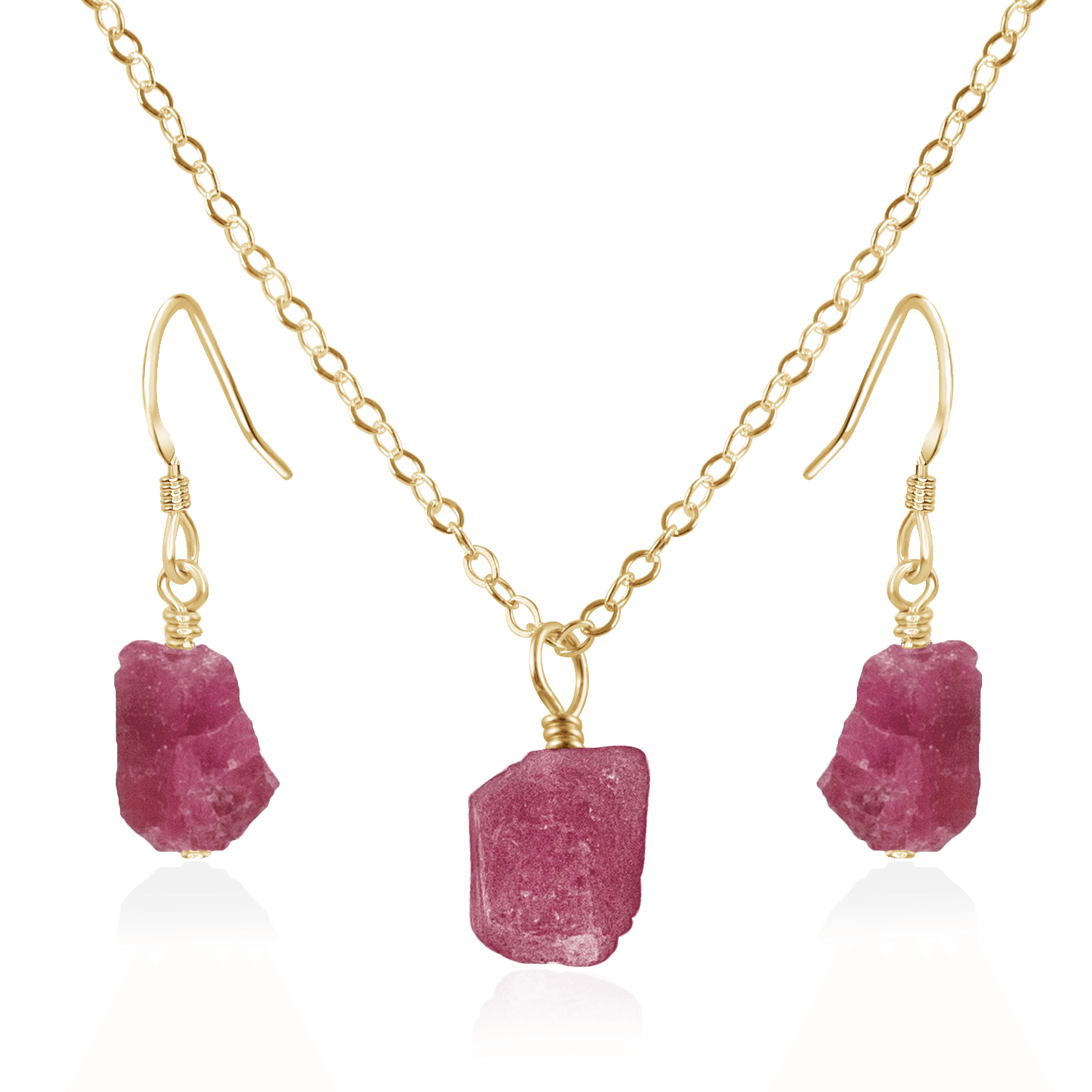 Raw Pink Tourmaline Crystal Jewellery Set - Raw Pink Tourmaline Crystal Jewellery Set - 14k Gold Fill / Cable / Necklace & Earrings - Luna Tide Handmade Crystal Jewellery