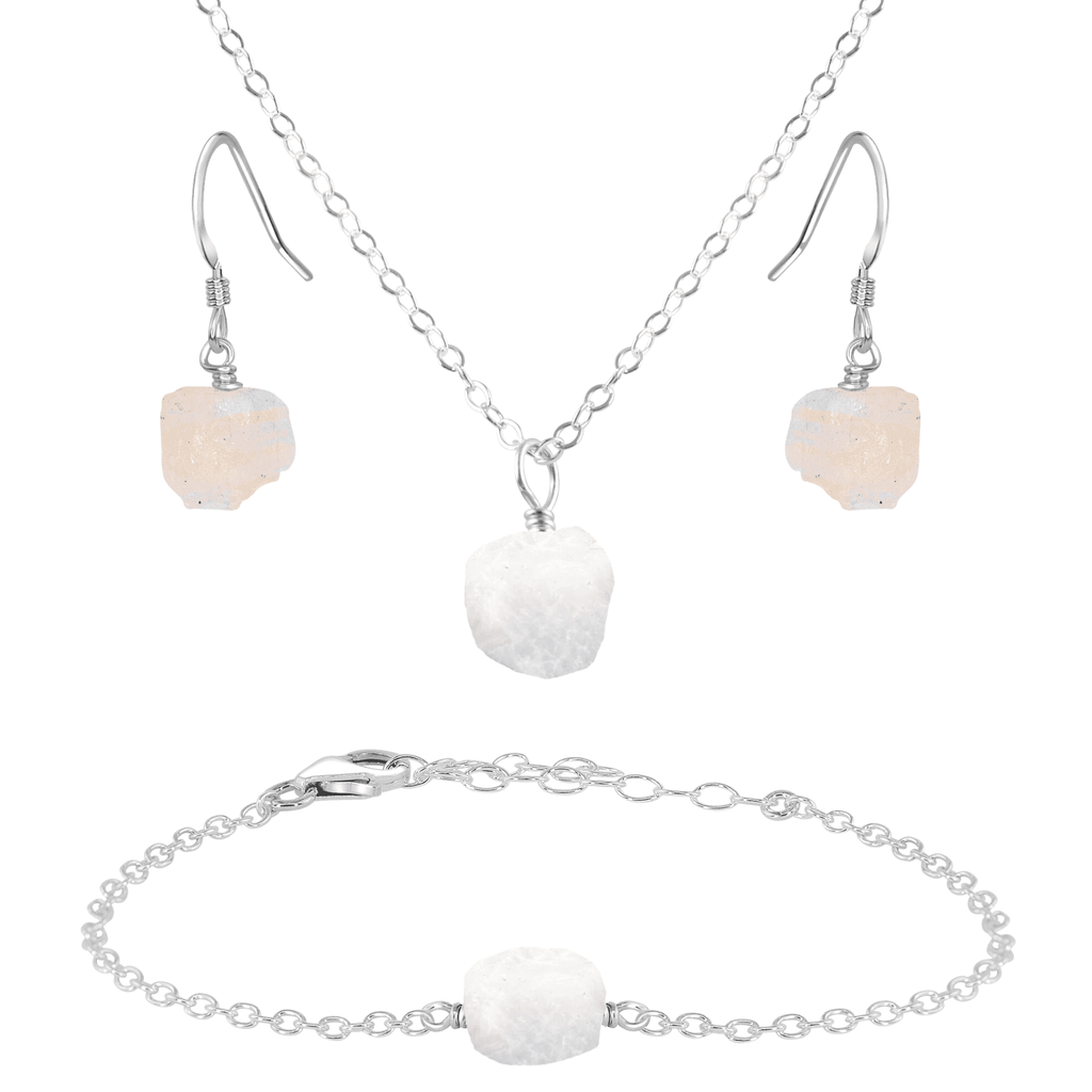 Raw Rainbow Moonstone Crystal Earrings, Necklace & Bracelet Set - Raw Rainbow Moonstone Crystal Earrings, Necklace & Bracelet Set - Sterling Silver - Luna Tide Handmade Crystal Jewellery
