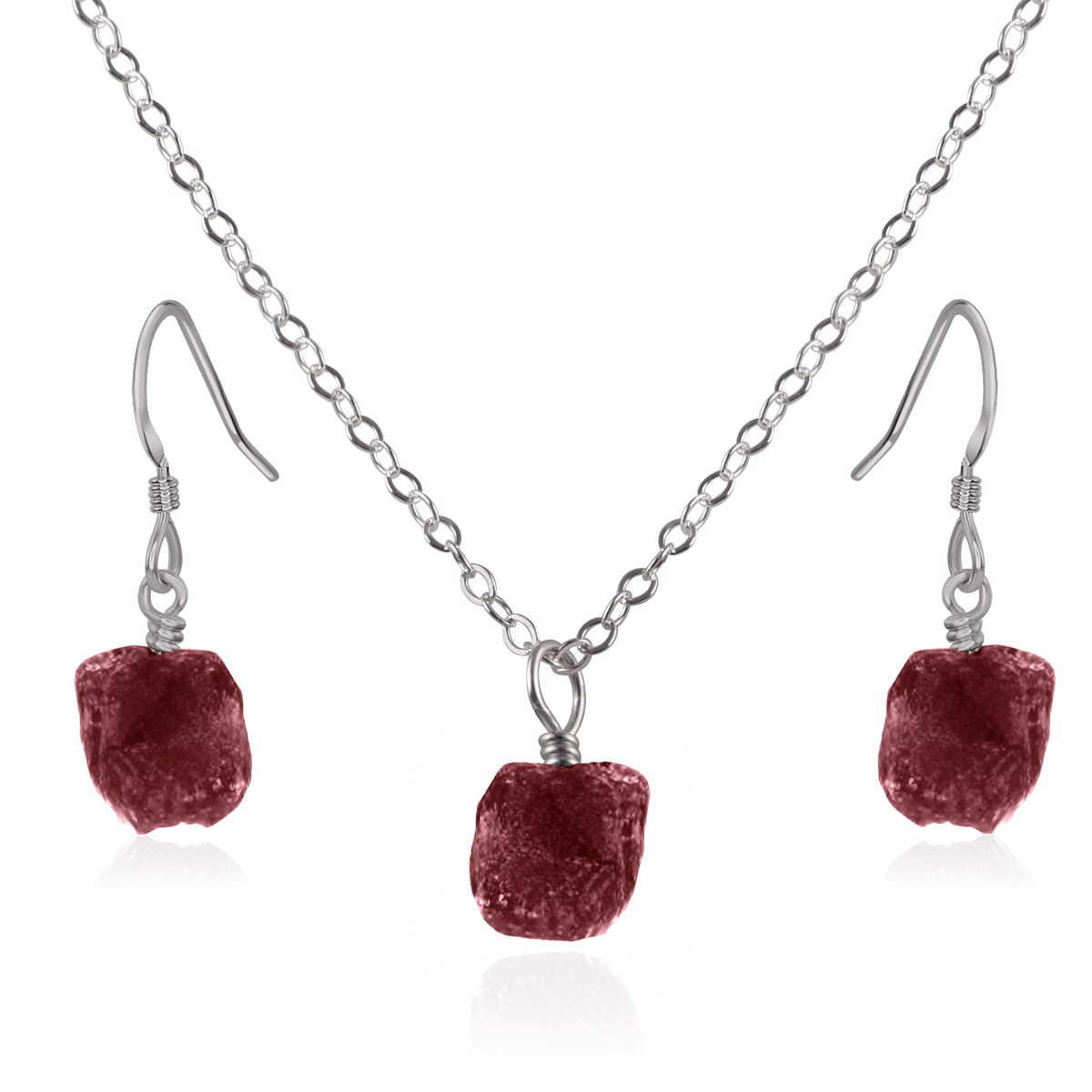 Raw Ruby Crystal Earrings & Necklace Set - Raw Ruby Crystal Earrings & Necklace Set - Stainless Steel / Cable - Luna Tide Handmade Crystal Jewellery