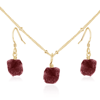 Raw Ruby Crystal Earrings & Necklace Set - Raw Ruby Crystal Earrings & Necklace Set - 14k Gold Fill / Satellite - Luna Tide Handmade Crystal Jewellery