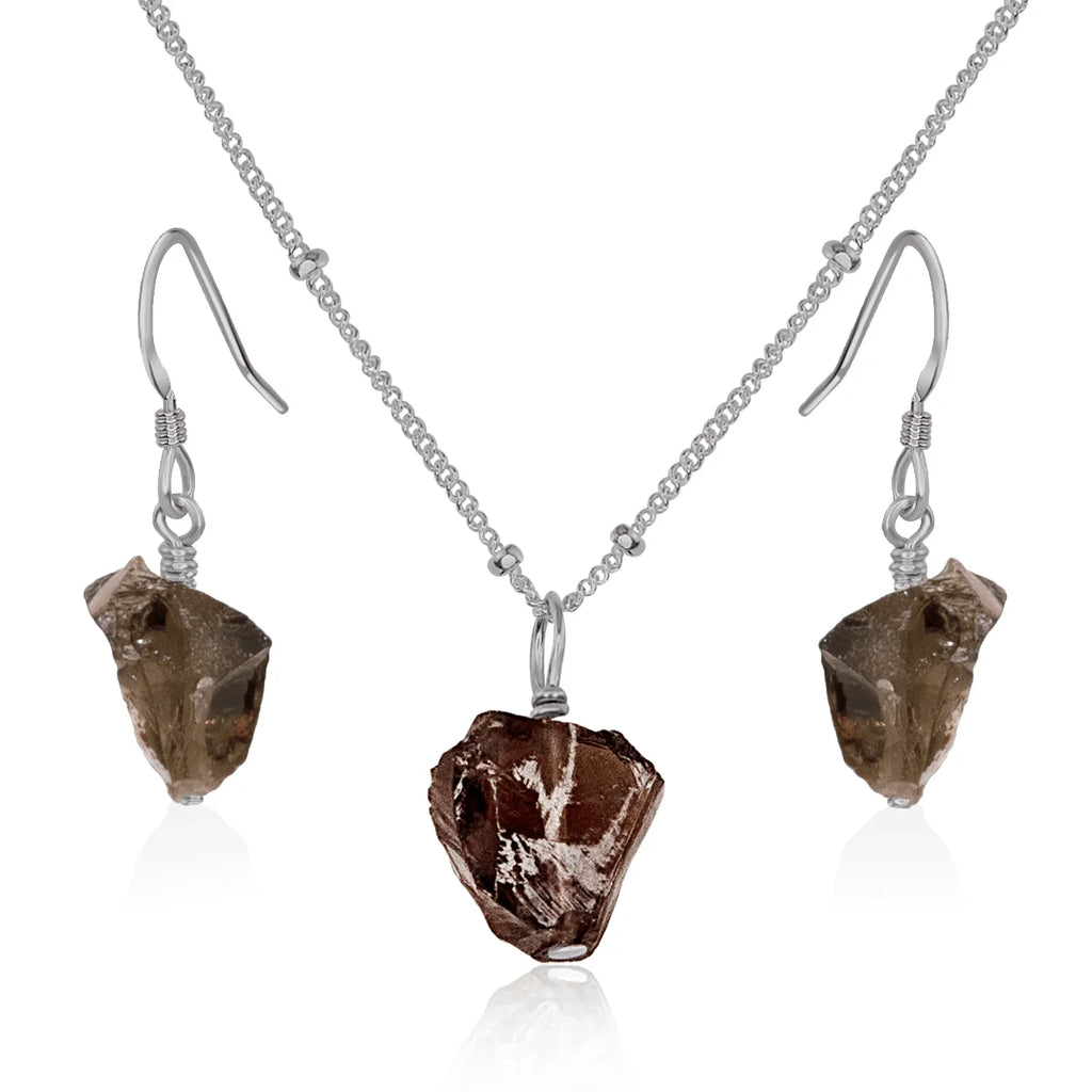 Raw Smoky Quartz Crystal Jewellery Set - Raw Smoky Quartz Crystal Jewellery Set - Stainless Steel / Satellite / Necklace & Earrings - Luna Tide Handmade Crystal Jewellery