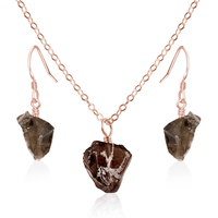 Raw Smoky Quartz Crystal Earrings & Necklace Set - Raw Smoky Quartz Crystal Earrings & Necklace Set - 14k Rose Gold Fill / Cable - Luna Tide Handmade Crystal Jewellery