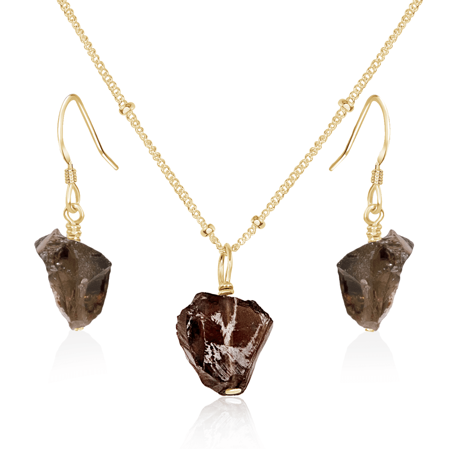 Raw Smoky Quartz Crystal Jewellery Set - Raw Smoky Quartz Crystal Jewellery Set - 14k Gold Fill / Satellite / Necklace & Earrings - Luna Tide Handmade Crystal Jewellery