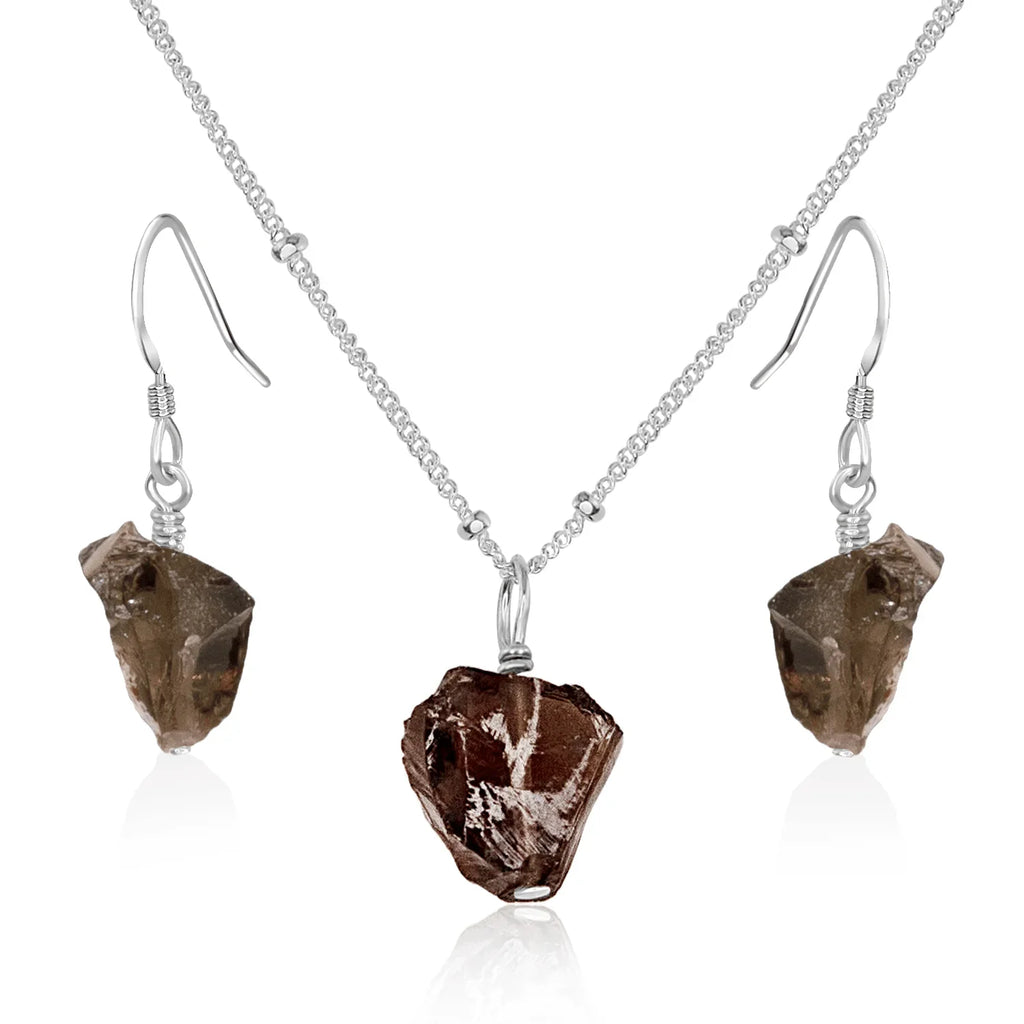 Raw Smoky Quartz Crystal Jewellery Set - Raw Smoky Quartz Crystal Jewellery Set - Sterling Silver / Satellite / Necklace & Earrings - Luna Tide Handmade Crystal Jewellery