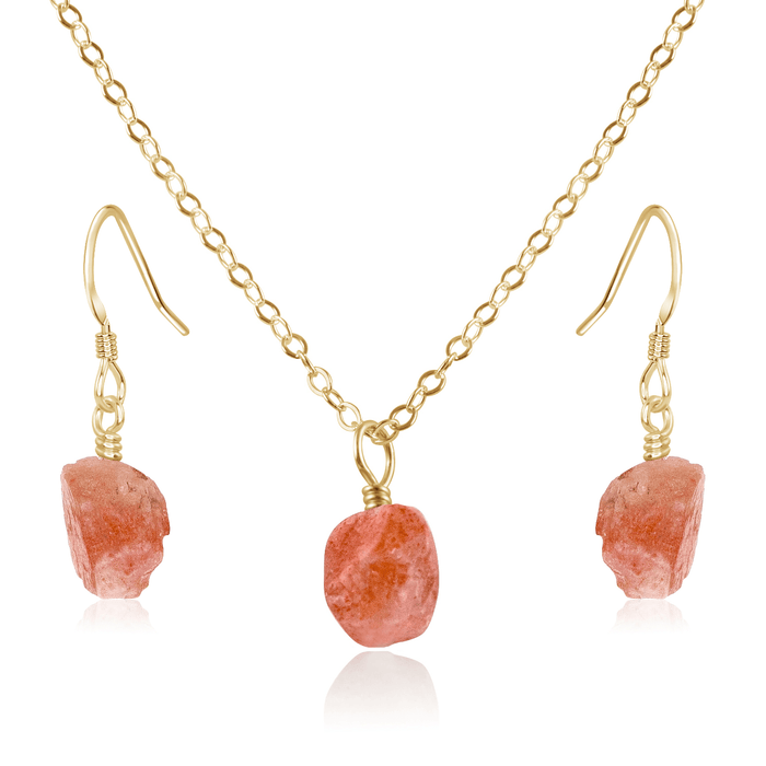 Raw Sunstone Crystal Earrings & Necklace Set - Raw Sunstone Crystal Earrings & Necklace Set - 14k Gold Fill / Cable - Luna Tide Handmade Crystal Jewellery