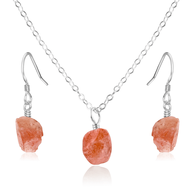 Raw Sunstone Crystal Earrings & Necklace Set - Raw Sunstone Crystal Earrings & Necklace Set - Sterling Silver / Cable - Luna Tide Handmade Crystal Jewellery