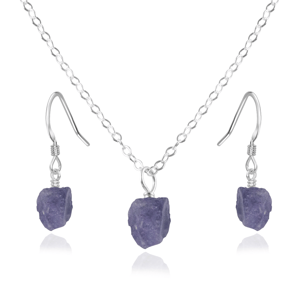 Raw Tanzanite Crystal Jewellery Set - Raw Tanzanite Crystal Jewellery Set - Sterling Silver / Cable / Necklace & Earrings - Luna Tide Handmade Crystal Jewellery