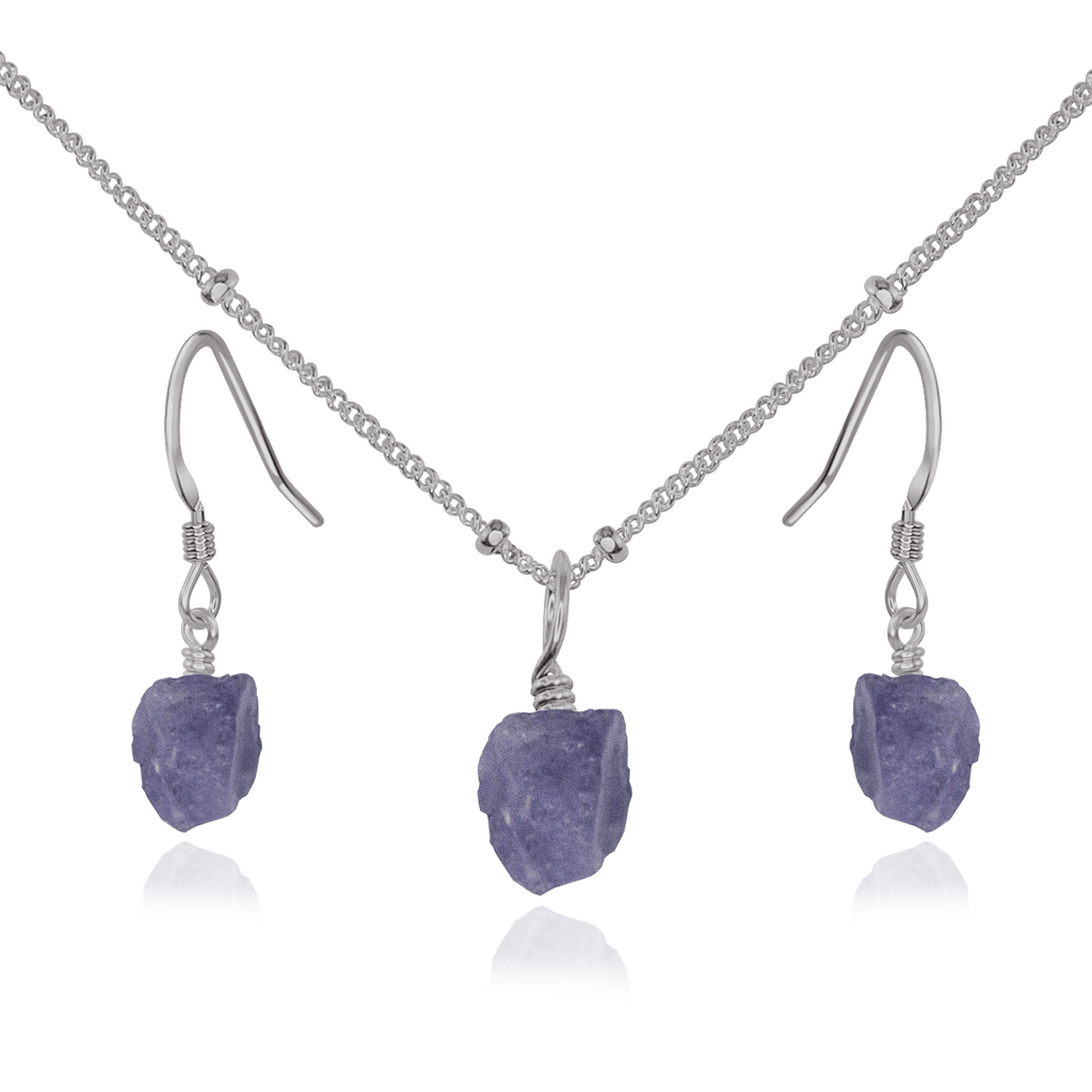 Raw Tanzanite Crystal Jewellery Set - Raw Tanzanite Crystal Jewellery Set - Stainless Steel / Satellite / Necklace & Earrings - Luna Tide Handmade Crystal Jewellery