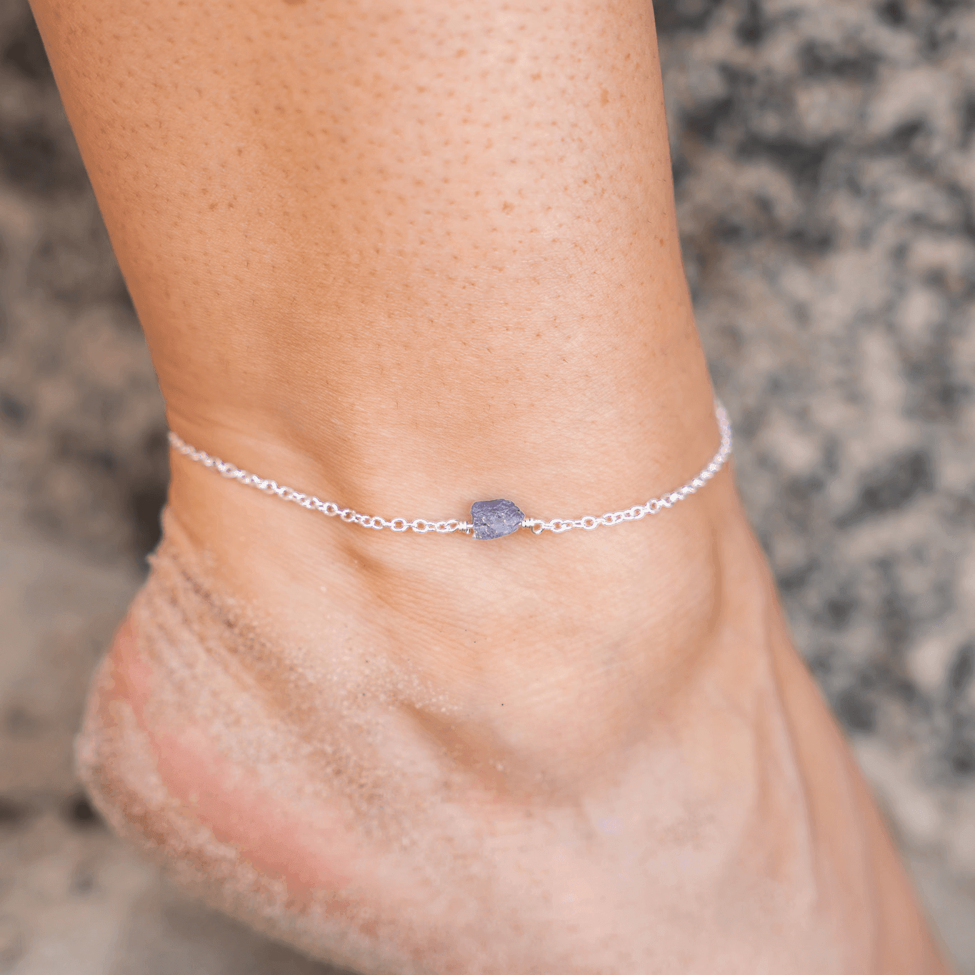 Raw Tanzanite Crystal Nugget Anklet - Raw Tanzanite Crystal Nugget Anklet - Sterling Silver - Luna Tide Handmade Crystal Jewellery