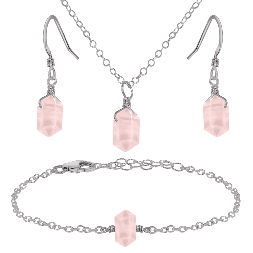 Rose Quartz Double Terminated Crystal Earrings, Necklace & Bracelet Set - Rose Quartz Double Terminated Crystal Earrings, Necklace & Bracelet Set - Stainless Steel - Luna Tide Handmade Crystal Jewellery