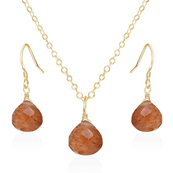 Sunstone Tiny Teardrop Earrings & Necklace Set - Sunstone Tiny Teardrop Earrings & Necklace Set - 14k Gold Fill / Cable - Luna Tide Handmade Crystal Jewellery