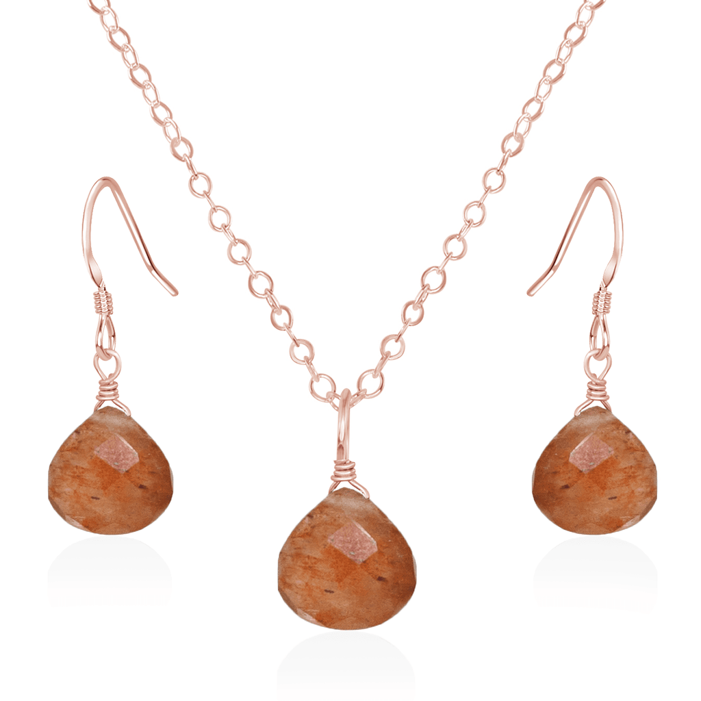 Sunstone Tiny Teardrop Earrings & Necklace Set - Sunstone Tiny Teardrop Earrings & Necklace Set - 14k Rose Gold Fill / Cable - Luna Tide Handmade Crystal Jewellery