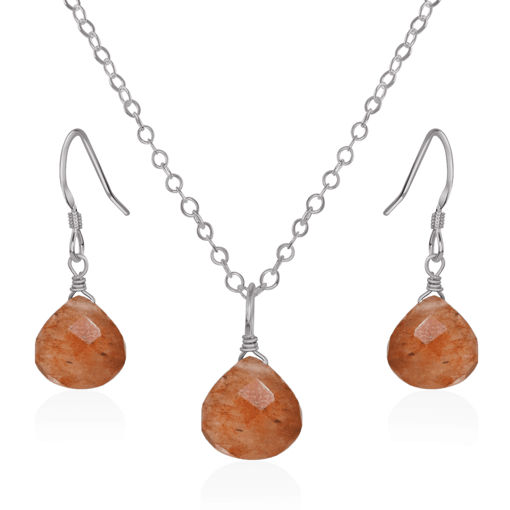 Sunstone Tiny Teardrop Earrings & Necklace Set - Sunstone Tiny Teardrop Earrings & Necklace Set - Stainless Steel / Cable - Luna Tide Handmade Crystal Jewellery