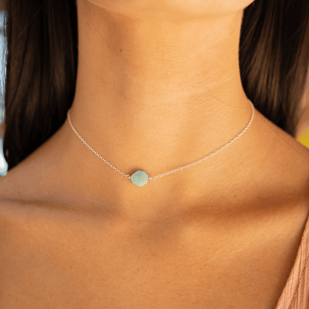 Tiny Raw Amazonite Crystal Nugget Choker - Tiny Raw Amazonite Crystal Nugget Choker - Sterling Silver - Luna Tide Handmade Crystal Jewellery