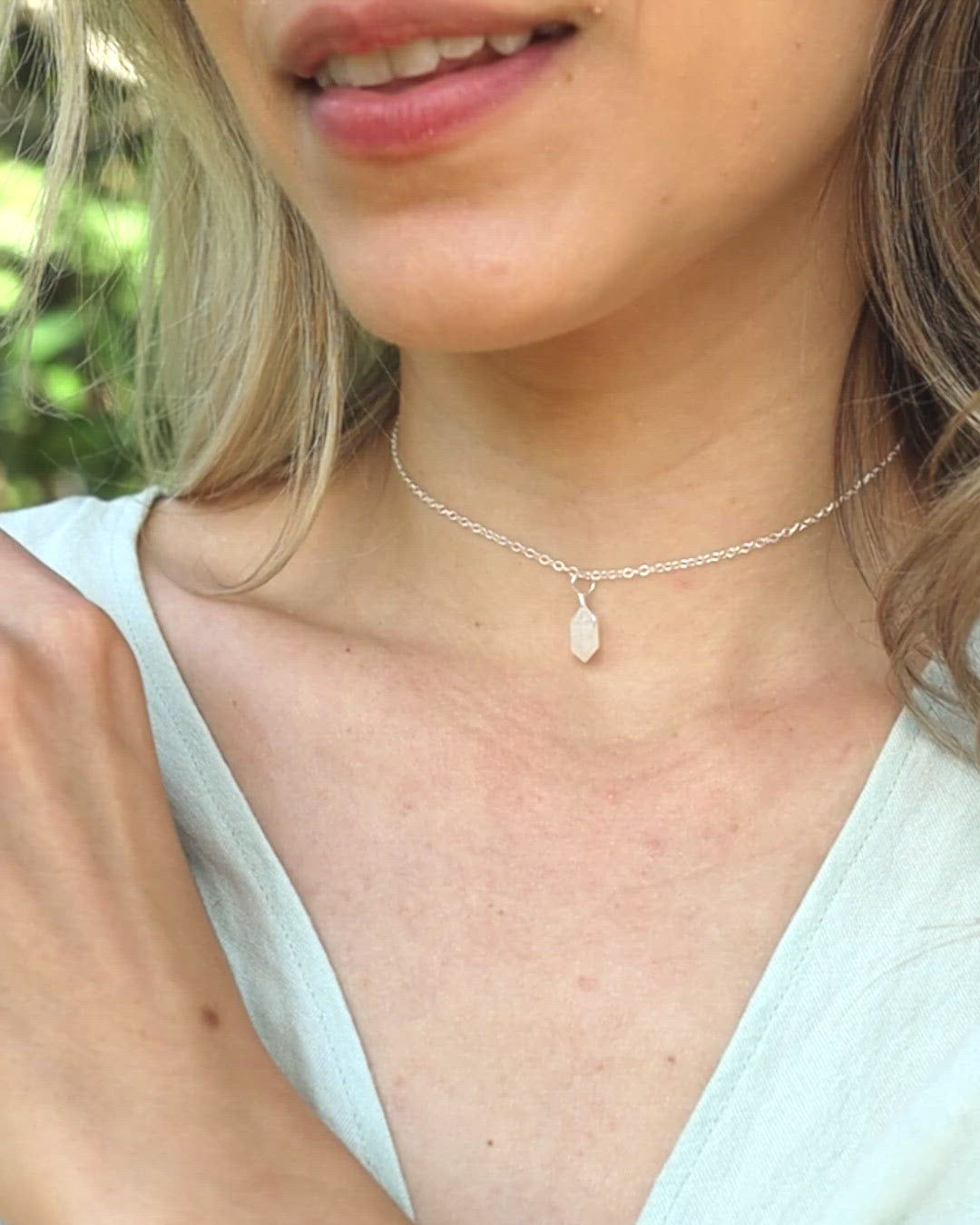 Rainbow Moonstone Mini Double Terminated Crystal Point Pendant Choker Necklace