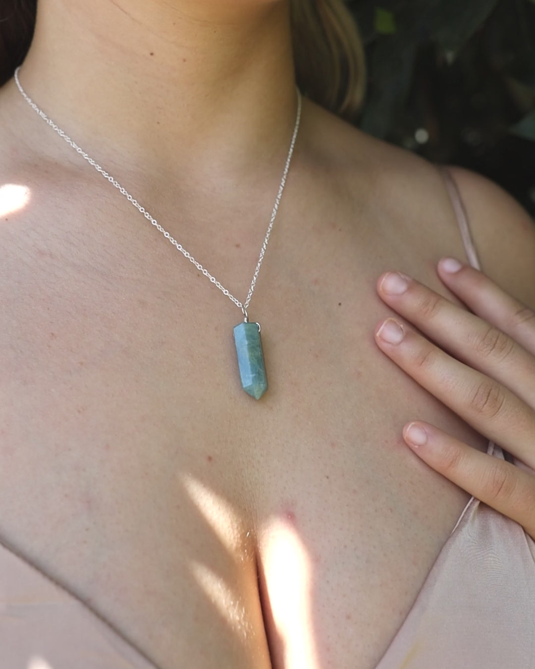 Blue Aquamarine Crystal Generator Point Pendant Necklace