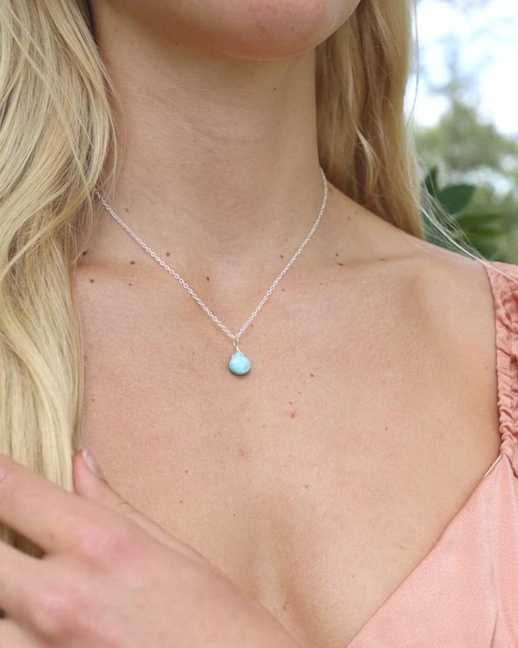Tiny Larimar Teardrop Crystal Pendant Necklace